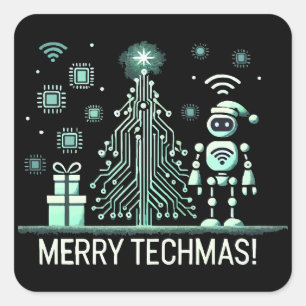 AI Robot with Tech Christmas Tree – Merry Techmas Square Sticker