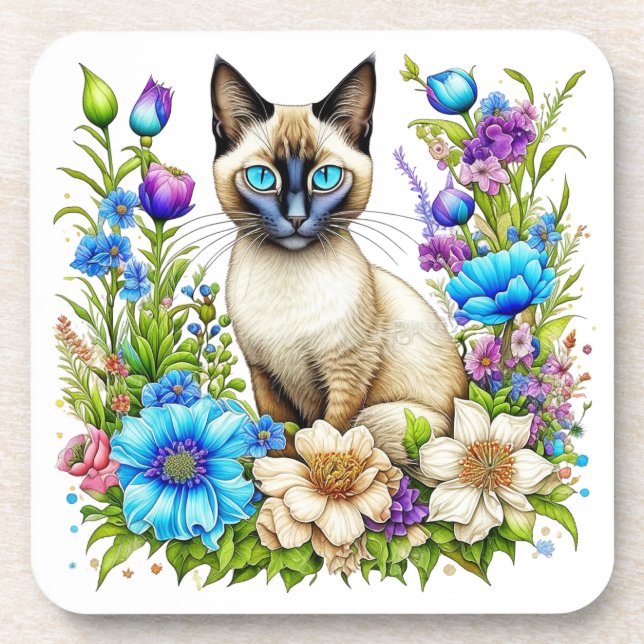 Ai Watercolor Siamese Cat in Flowers Coaster (Front)