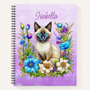 Ai Watercolor Siamese Cat in Flowers Personalized Notebook