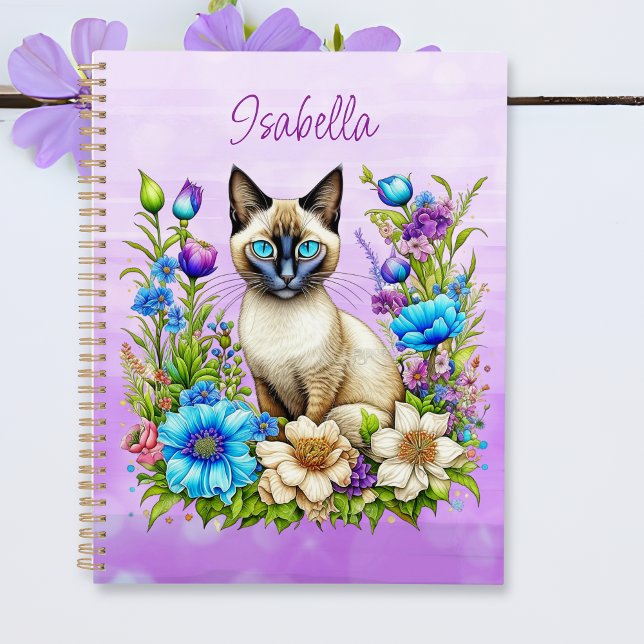 Ai Watercolor Siamese Cat in Flowers Personalized Planner (Creator Uploaded)