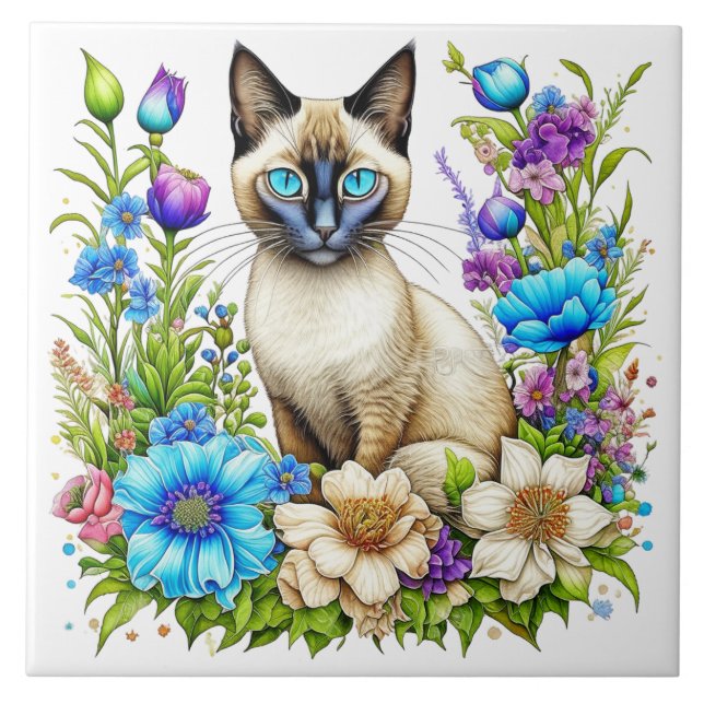 Ai Watercolor Siamese Cat in Flowers Tile (Front)