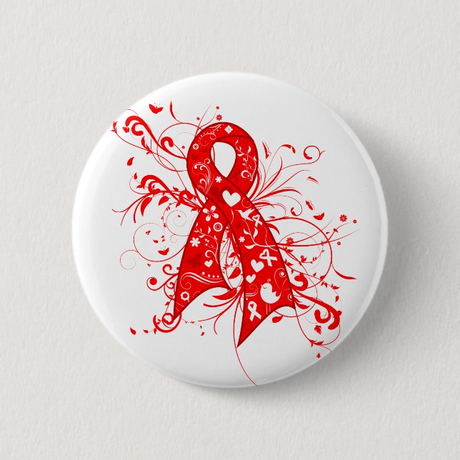 AIDS HIV Floral Swirls Ribbon 2 Inch Round Button (Front)