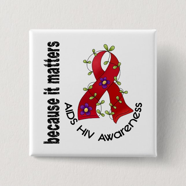 AIDS HIV Flower Ribbon 3 2 Inch Square Button (Front)