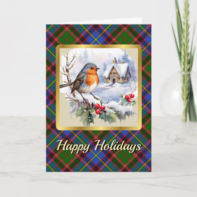 Aikenhead Crest & Tartan w/Robin Personalized Xmas Card (Front)