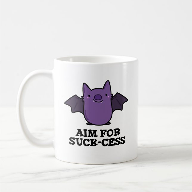 Aim For Suck-cess Funny Positive Bat Pun Dark BG Coffee Mug (Left)