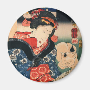 Aimant 女 と 眠 猫, 芳 Femme et Chat couché, Kuniyoshi