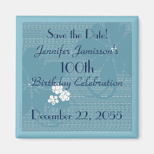 Aimant 100e anniversaire Enregistrer la date Blue Floral 