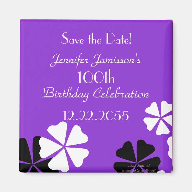 Aimant 100e anniversaire Enregistrer la date Purple Flora (Devant)