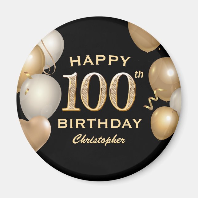Aimant 100e fête d'anniversaire Ballons Noir et Or (Devant)
