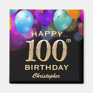 Aimant 100e fête d'anniversaire Ballons Noir et Or