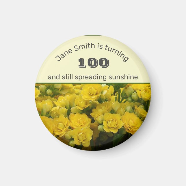 Aimant 100e Fête Jalon Jaune Floral Anniversaire (Devant)
