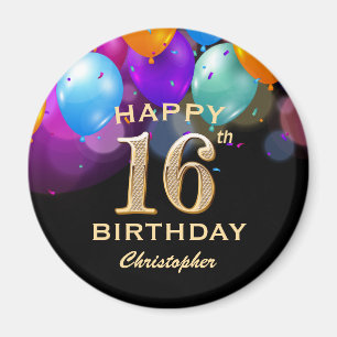 Aimant 16e fête d'anniversaire Ballons noirs et or
