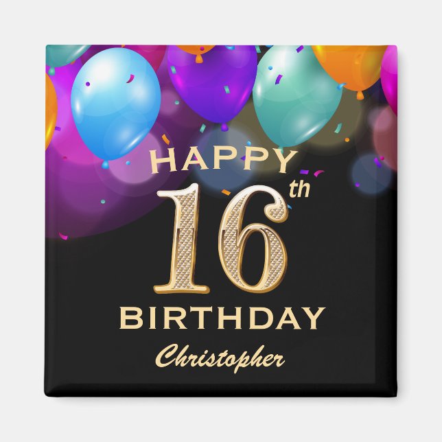 Aimant 16e fête d'anniversaire Ballons noirs et or (Devant)