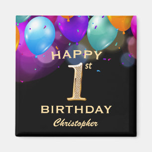 Aimant 1ère fête d'anniversaire Ballons noirs et or