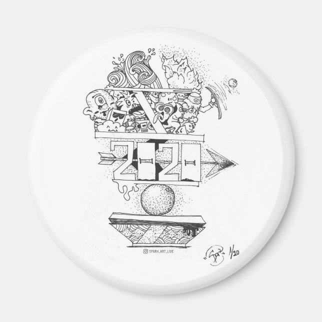 Aimant 2020 Nouvel An, Nouvelle Décennie Doodle Art (Devant)