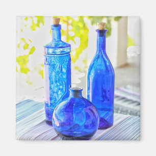 Aimant 3 Bouteilles en Verre Bleu Élégantes
