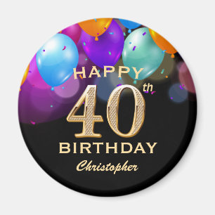 Aimant 40th Birthday Party Black and Gold Balloons
