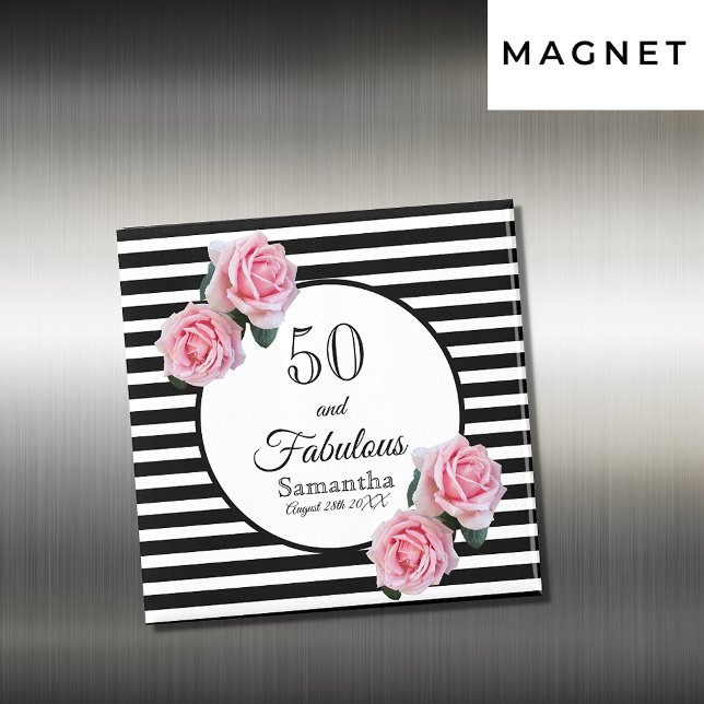 Aimant 50e anniversaire chic rose roses noir blanc rayure (Créateur téléchargé)