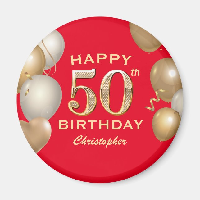 Aimant 50e Anniversaire des Ballons Rouge et Or (Devant)