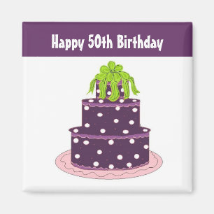 Aimant 50e Anniversaire - Gâteau Violet à Points Blancs