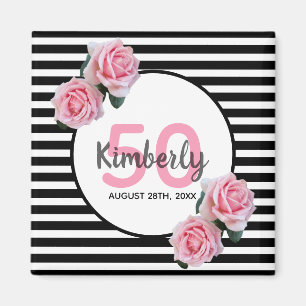 Aimant 50e anniversaire rose roses noir rayures nom
