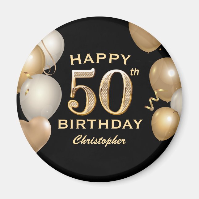 Aimant 50e fête d'anniversaire Ballons noirs et or (Devant)
