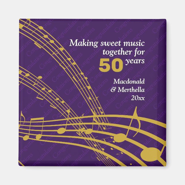 Aimant 50e Mariage GOLDEN | NOTES MUSICALES (Devant)