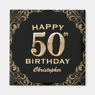 Aimant 50th Birthday Party Black and Gold Glitter Frame