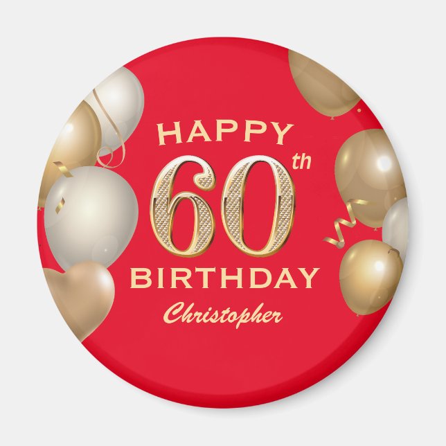 Aimant 60e Anniversaire des Ballons Rouge et Or (Devant)