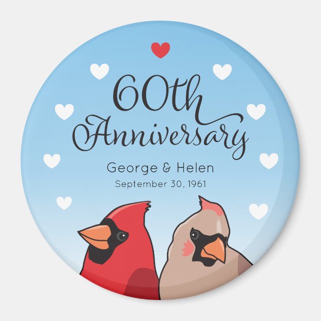 Aimant 60e anniversaire du Mariage, Cardinal Bird and Hea (Devant)