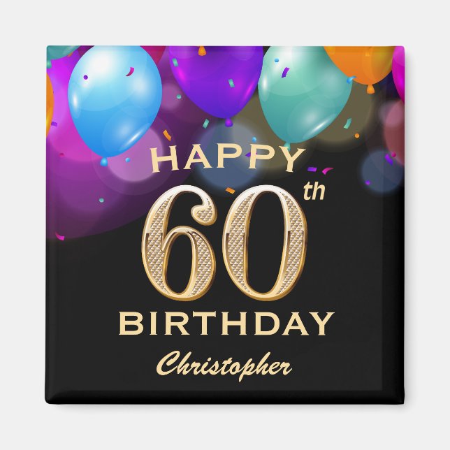 Aimant 60e fête d'anniversaire Ballons noirs et or (Devant)