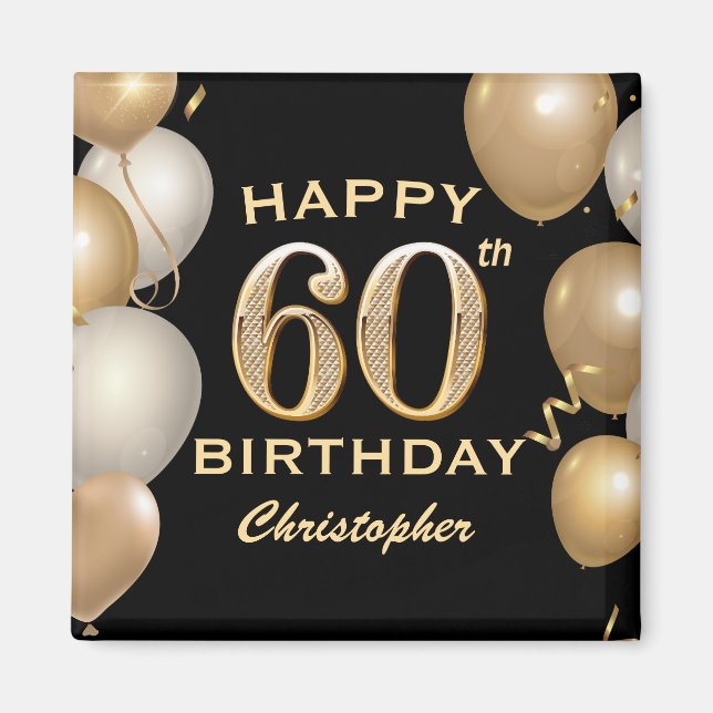 Aimant 60e fête d'anniversaire Ballons noirs et or (Devant)