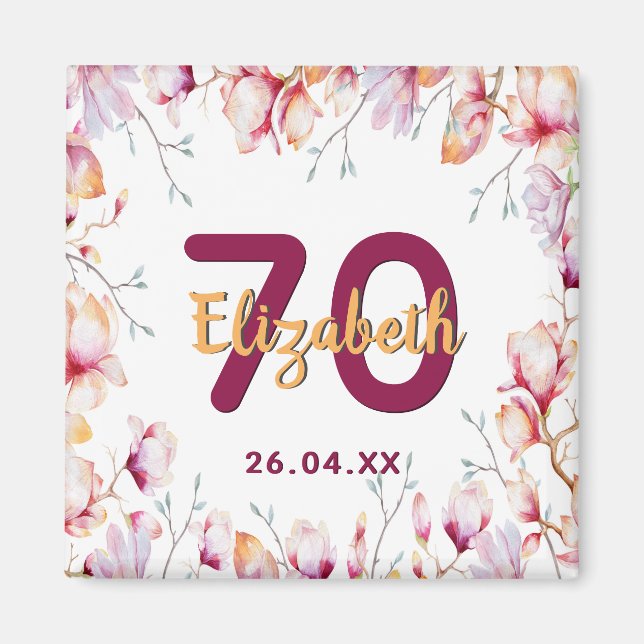Aimant 70e anniversaire rose magnolia floral enregistrer  (Devant)