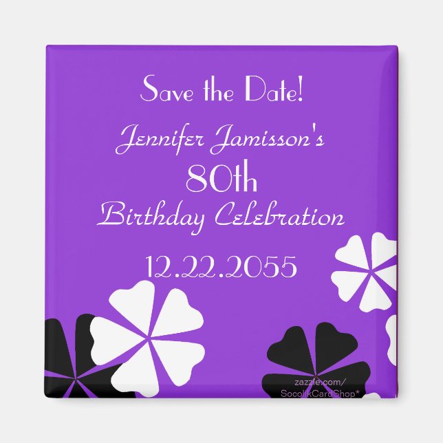 Aimant 80e anniversaire Enregistrer la date Purple Floral (Devant)