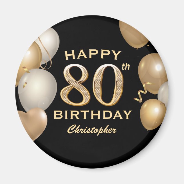 Aimant 80e fête d'anniversaire Ballons noirs et or (Devant)