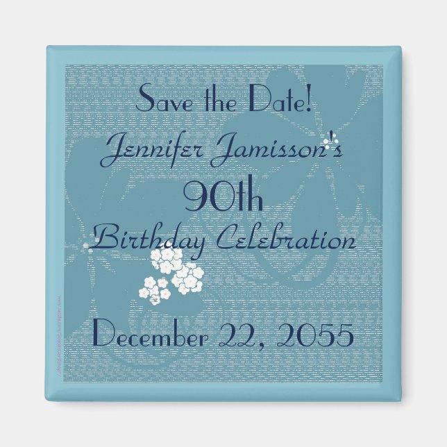 Aimant 90e anniversaire Enregistrer la date Blue Floral M (Devant)