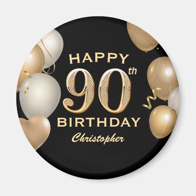 Aimant 90e fête d'anniversaire Ballons noirs et or (Devant)