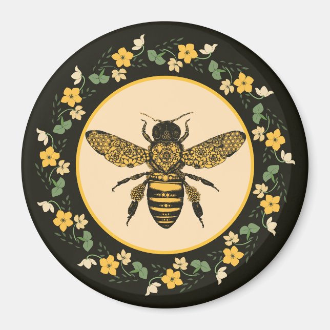 Aimant Abeille dans un cadre de fleurs Jaune  (Devant)