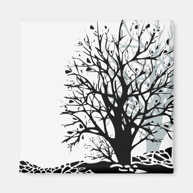 Aimant Abstrait moderne arbre noir silhouette ombre blanc (Devant)