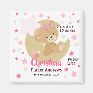 Aimant Adorable Teddy Bear Baby Girl Stats de naissance