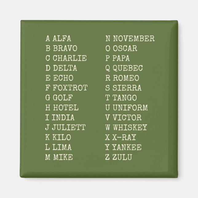 Aimant Aéronautique - Alphabet phonétique - Vert militair (Devant)