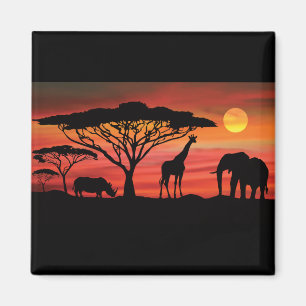 Aimant Afro-Animaux-et-Coucher de soleil