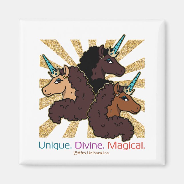 Aimant Afro Unicorn Trio : Unique, Divine et Magique (Devant)