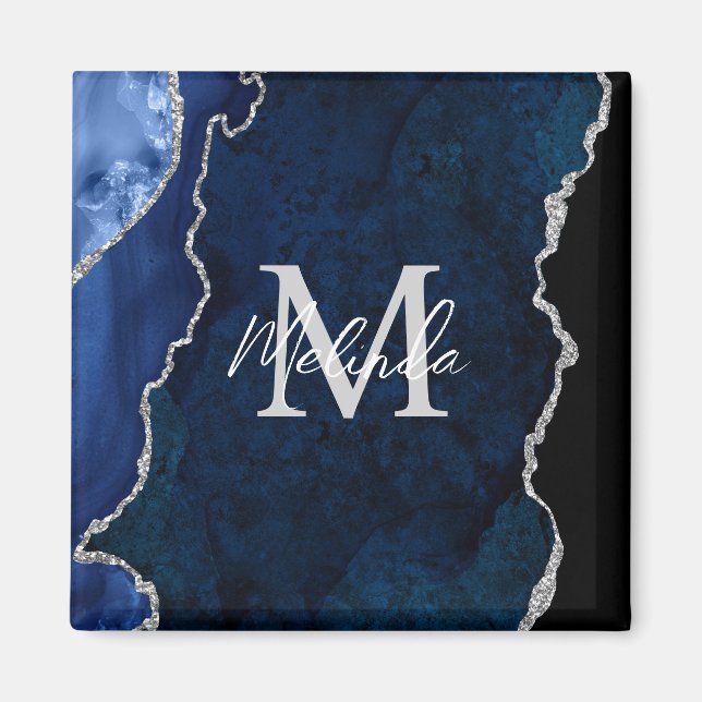 Aimant Agate de marbre bleu marine et argenté (Devant)