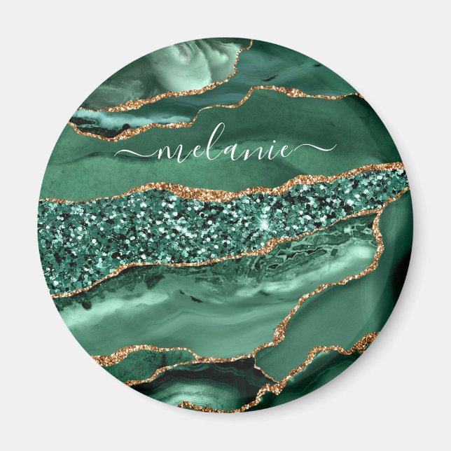 Aimant Agate Green Gold Glitter Geode Marble Custom Name (Devant)