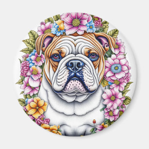 Aimant Ai Art Bulldog entouré de fleurs lunaires