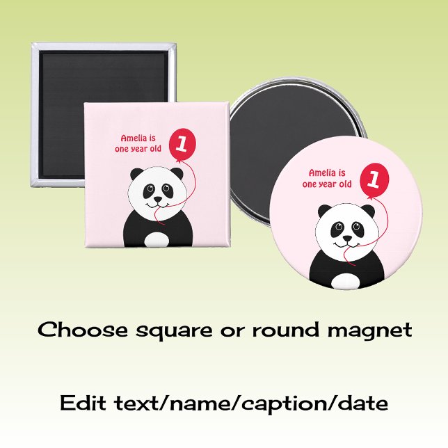 Aimant Ajouter le nom panda 1er anniversaire rouge rose (Créateur téléchargé)