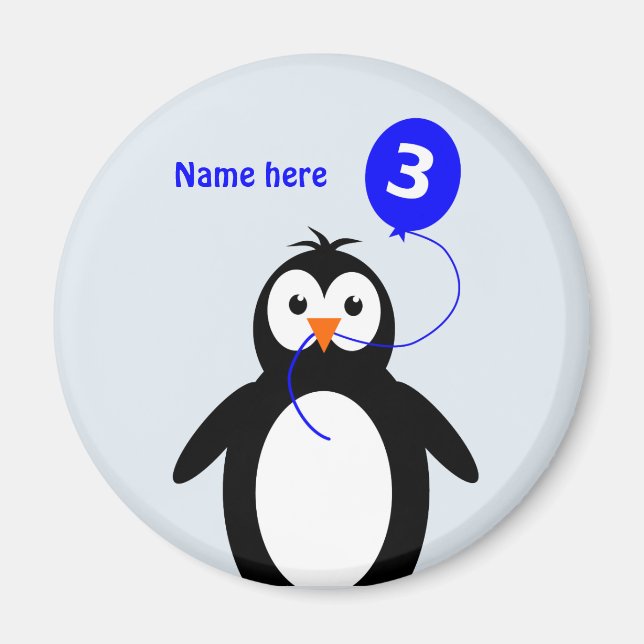 Aimant Ajouter nom pingouin 3e anniversaire bleu (Devant)