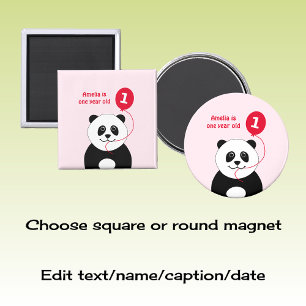 Aimant Ajouter un nom panda 1er anniversaire rouge rose