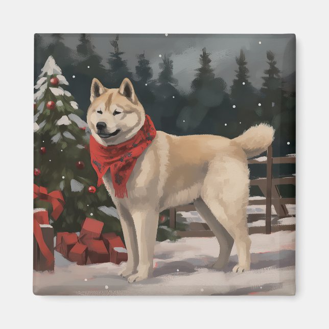 Aimant Akita Chien dans Noël de neige (Devant)